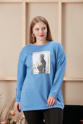 Rmg Baskılı Büyük Beden Mavi Sweatshirt