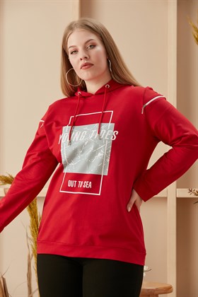 Rmg Baskılı ve Fermuarlı Büyük Beden Kırmızı Sweatshirt