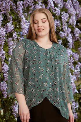 Rmg Çiçek Desenli Büyük Beden Yeşil Kruvaze Elbise