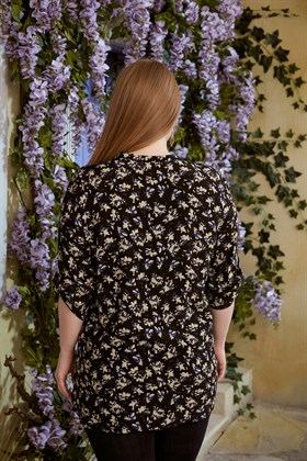Rmg Çıtır Çiçek Desenli Yaka Detaylı Büyük Beden Krem Bluz