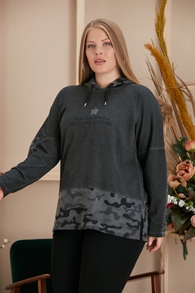 Rmg Kamuflaj Desenli Taş İşlemeli Büyük Beden Füme Sweatshirt