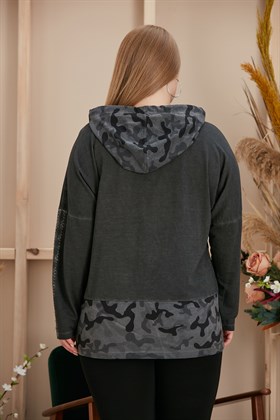 Rmg Kamuflaj Desenli Taş İşlemeli Büyük Beden Füme Sweatshirt