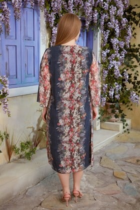 Rmg Kol Detaylı Çiçek Desenli Büyük Beden Lacivert Şifon Elbise