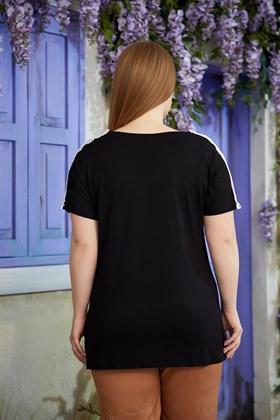 RMG Kolları Dantel Detaylı Taş İşlemeli Siyah Bluz