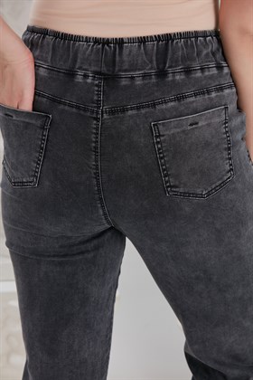 Rmg Nakış İşlemeli Beli Lastikli Büyük Beden Füme Kot Pantolon