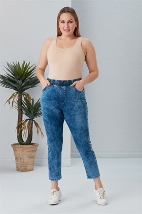 Rmg Paça Ve Cep Nakış Detaylı Beli Lastikli Büyük Beden Mavi Kot Pantolon