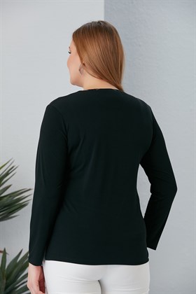 Rmg Yanları Desenli Bağcık Detaylı Büyük Beden Siyah Bluz