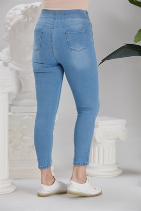 RMG Yanları Fermuarlı Beli Lastikli Büyük Beden Buz Mavi Kot Pantolon