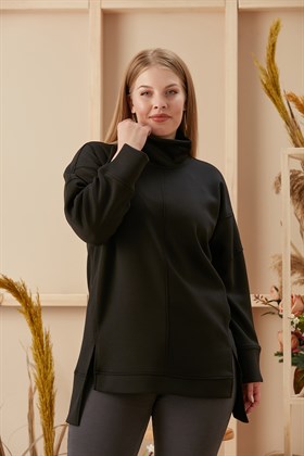 Rmg Yırtmaç Detaylı Boğazlı Siyah Büyük Beden Sweatshirt
