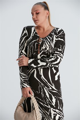 Rmg Zebra Desenli Büyük Beden Siyah Örme Elbise